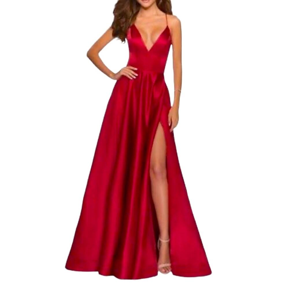LA FEMME Red Strappy Back Satin Thigh High Slit Formal Ballgown Women’s Size 6